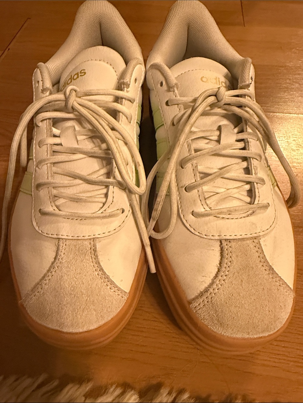 adidas Kids White Sneakers with Gum Sole and Light Green Stripes